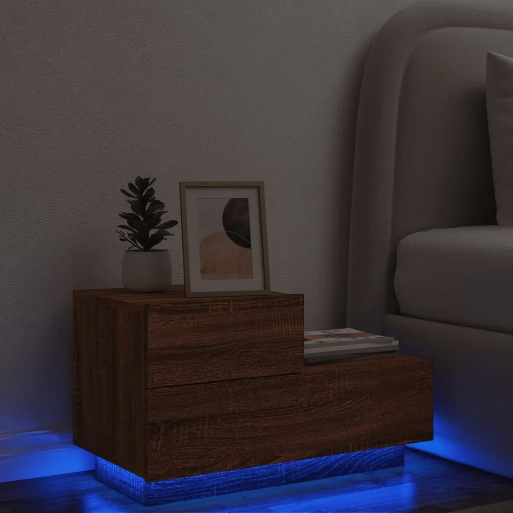 vidaXL Mesa de cabeceira com luzes LED 70x36x40,5 cm carvalho castanho