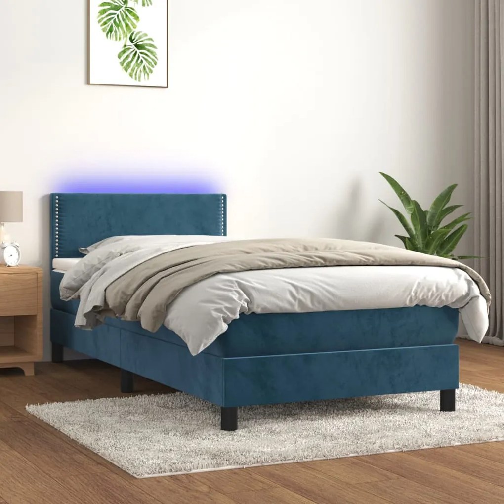 3134325 vidaXL Cama box spring c/ colchão/LED 90x200 cm veludo azul-escuro