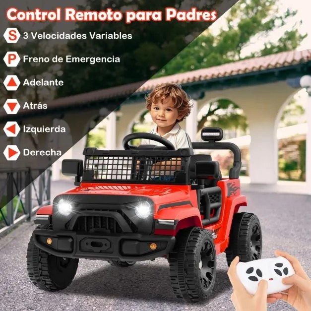 Carro elétrico para crianças 12V com comando à distância, volante, painel musical, buzina, faróis, espelhos rebatíveis, 4 rodas, vermelho