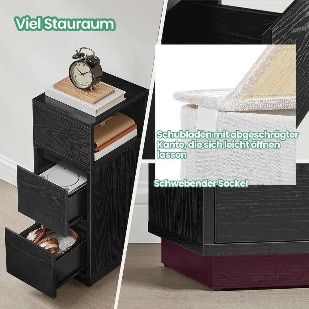 Mesa de cabeceira estreita com 2 gavetas 30,1 x 25,1 x 65,1 cm preta
