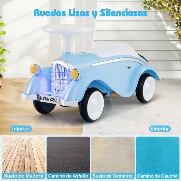Andarilho montar carro clássico deslizante com volante, buzina, luz LED e espaço de armazenamento sob o assento para crianças de 19 a 36 meses, azul