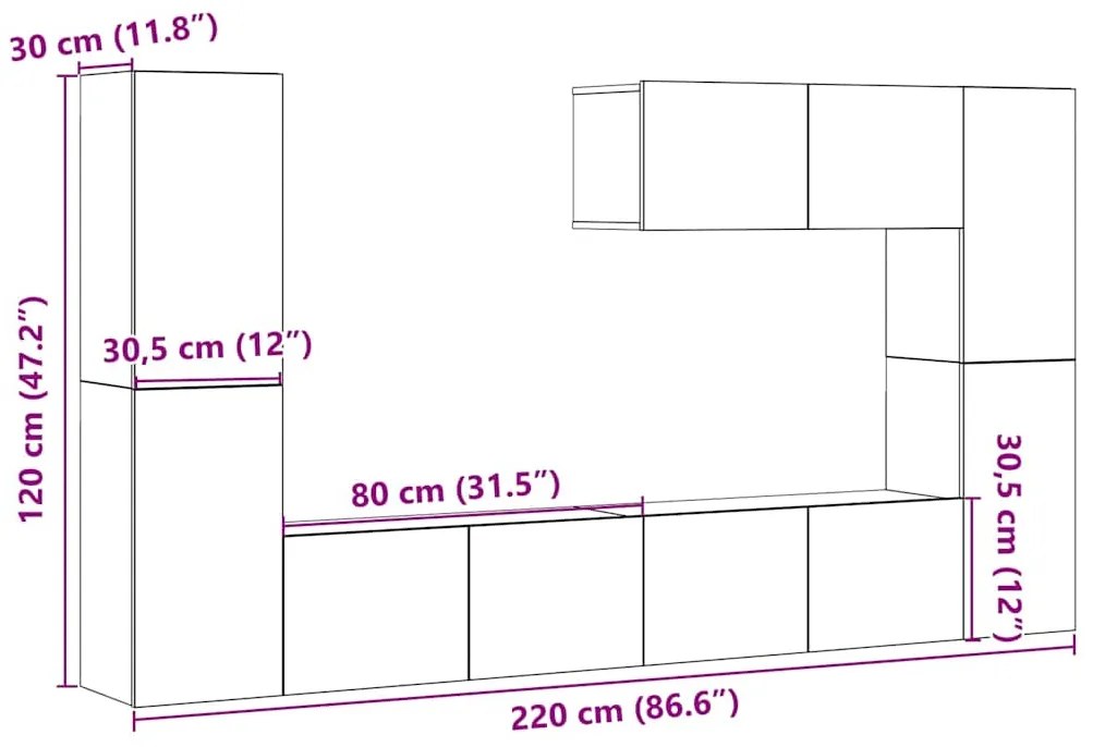 armários de TV montados na parede 7 pcs madeira velha