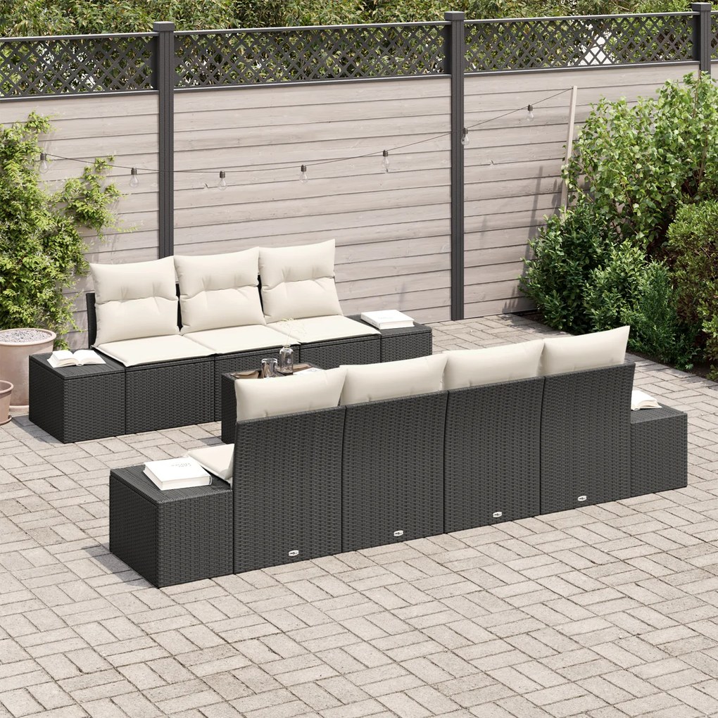 Conjunto de Sofá de Jardim de 8 Peças com Almofadas Preto Rattan Polié