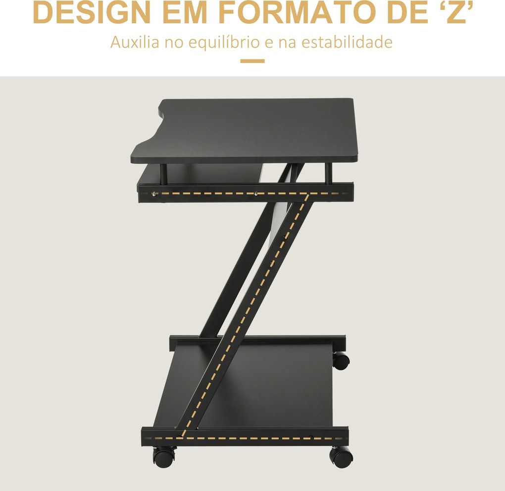 Secretária para Computador com Rodas 60x48 cm com Prateleira Deslizante para Teclado e Prateleira Inferior Estrutura Metálica Preto
