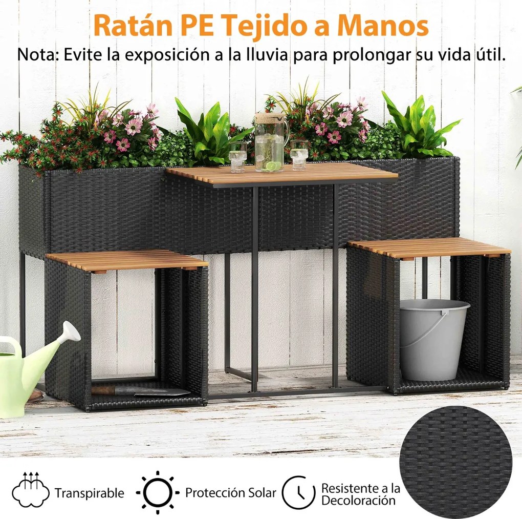 Conjunto de moveis jardim 150 x 70 x 73 cm com floreira de jardim elevada, mesa de rattan PE, cadeiras integradas e arrumação para pátio ou alpendre,