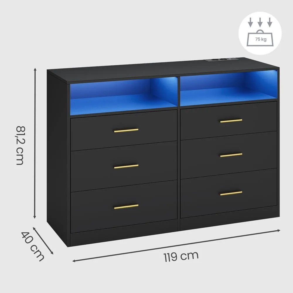 Cómoda com iluminação LED e base de carregamento 40 x 119 x 81,1 cm, 6 gavetas, moderna preta