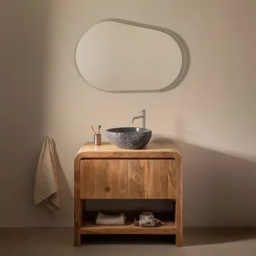 Conjunto De Móvel De Casa De Banho Em Madeira Vacry Castanho Acácia & Irregular Em Cimento Preto ↔︎40 Cm Fedro - Sklum