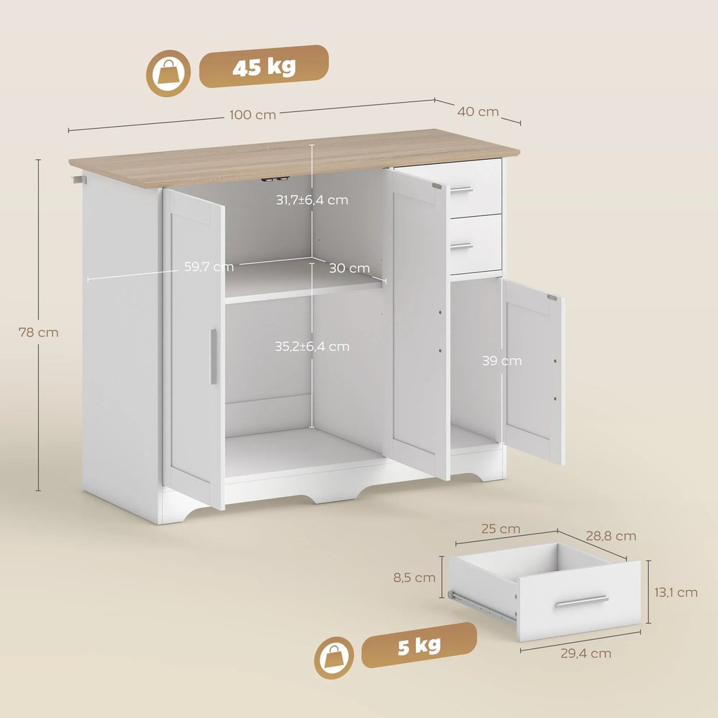 Aparador de sala, móvel de arrumação com 2 gavetas, 3 portas e prateleira ajustável, 100 x 40 x 78 cm, branco e madeira natural