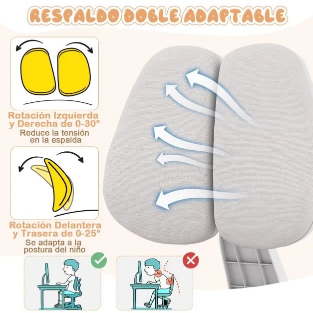Cadeira de escritório para crianças com encosto duplo ajustável, apoio para os pés, altura e profundidade do assento ajustáveis cinza