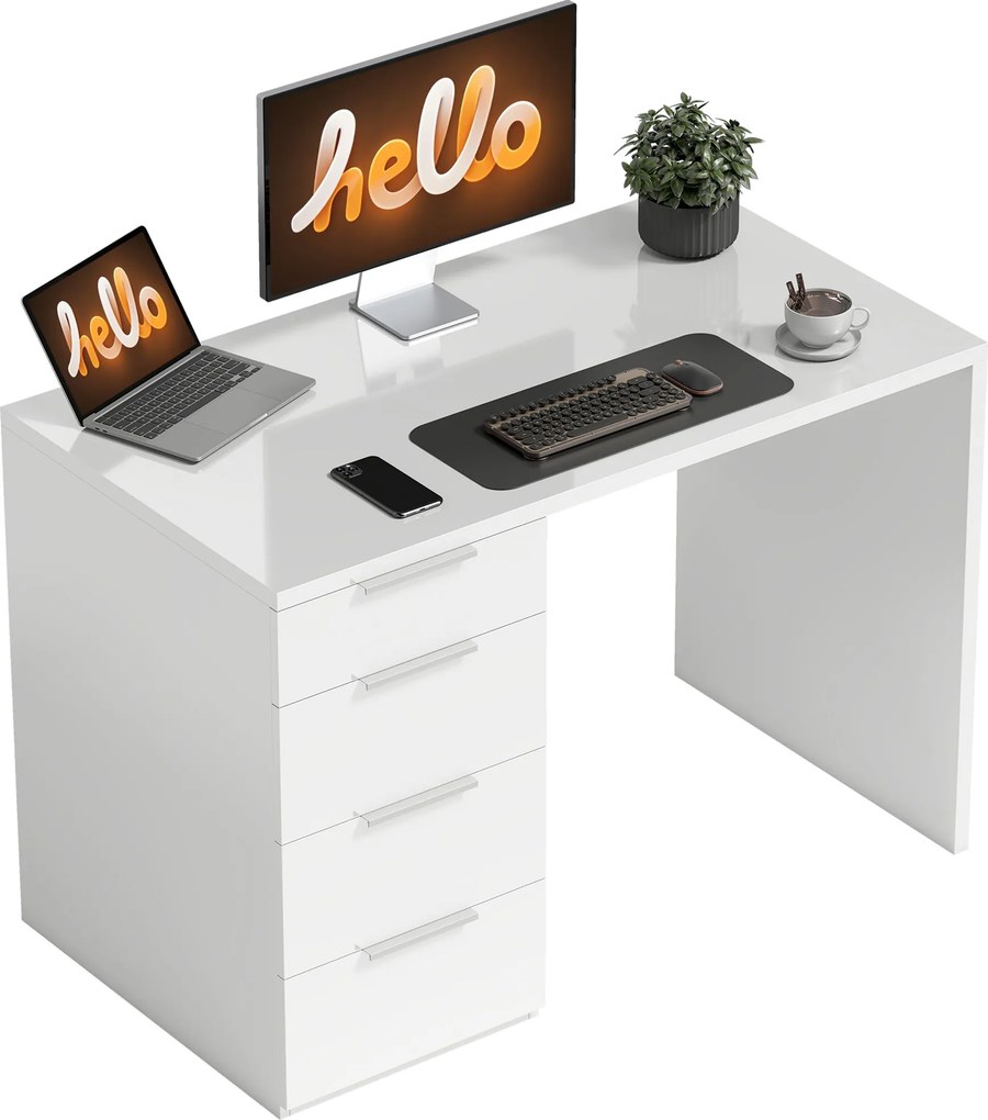 Secretária de computador de alto brilho com 4 gavetas, 110 x 60 cm, secretária com espaço de arrumação, estilo moderno, branca