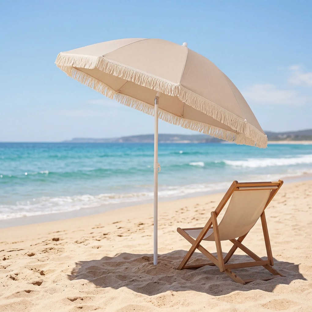 Guarda-sol de praia com franjas, 200 cm, 12 varas, ângulo de inclinação ajustável, proteção solar, estilo boémio, para jardim, pátio ou piscina, bege