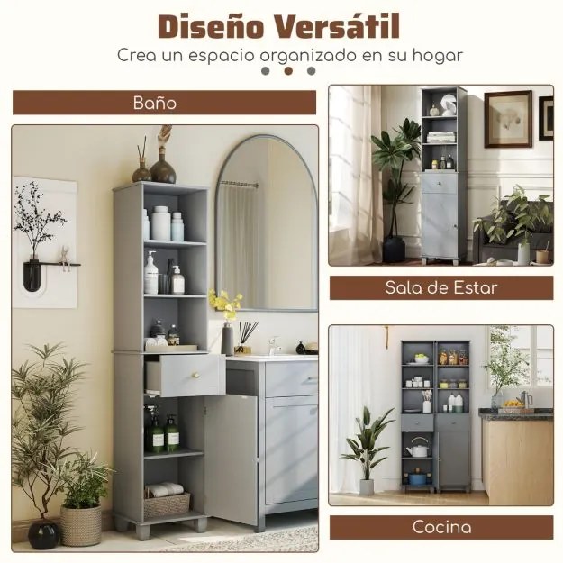 Armário de casa de banho c40 x 30 x 172 cm, estreito de chão com 3 prateleiras abertas, 1 gaveta, 1 porta e prateleira ajustável; móvel cinzento