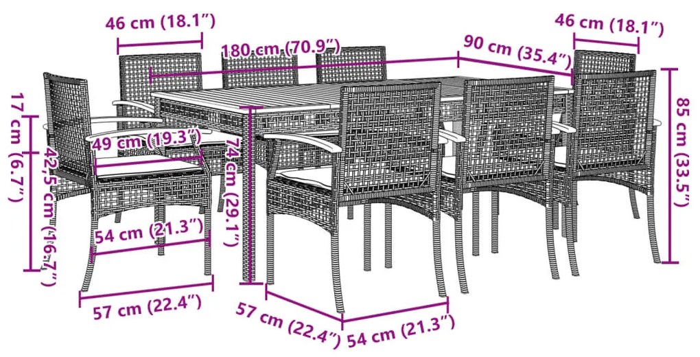 9 pcs conjunto de jantar p/ jardim c/ almofadões vime PE preto