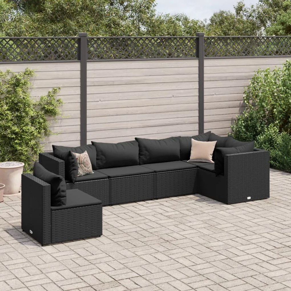 6 pcs conjunto lounge de jardim c/ almofadões vime PE preto