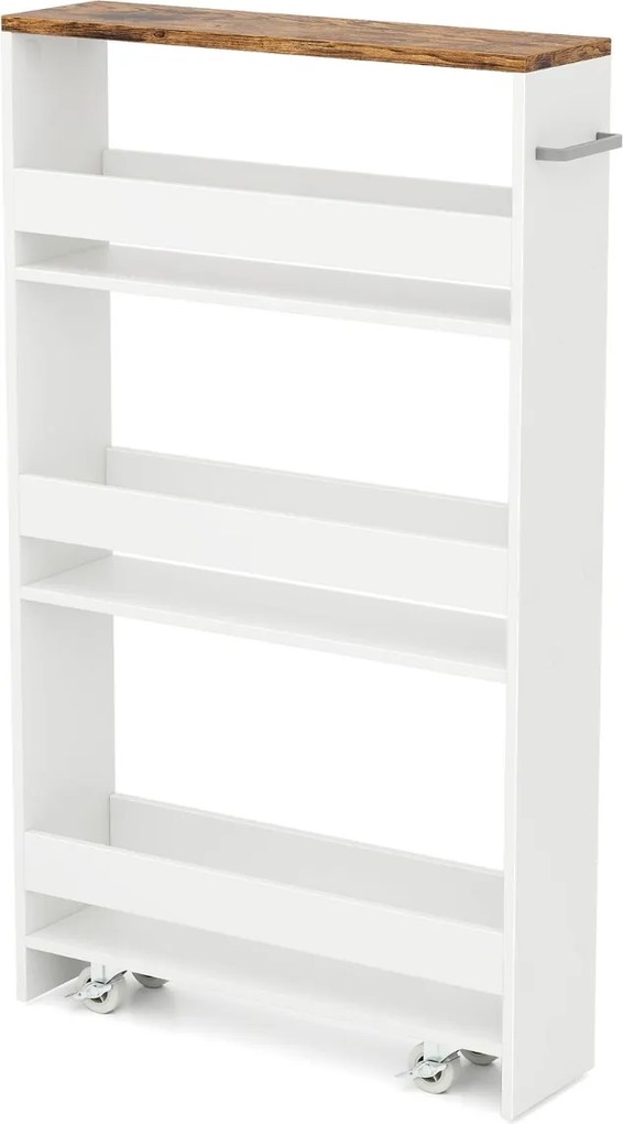 Carrinho de arrumação estreito para cozinha com 4 Estantes Rodas 48 x 13 x 81 cm Branco e Castanho Claro