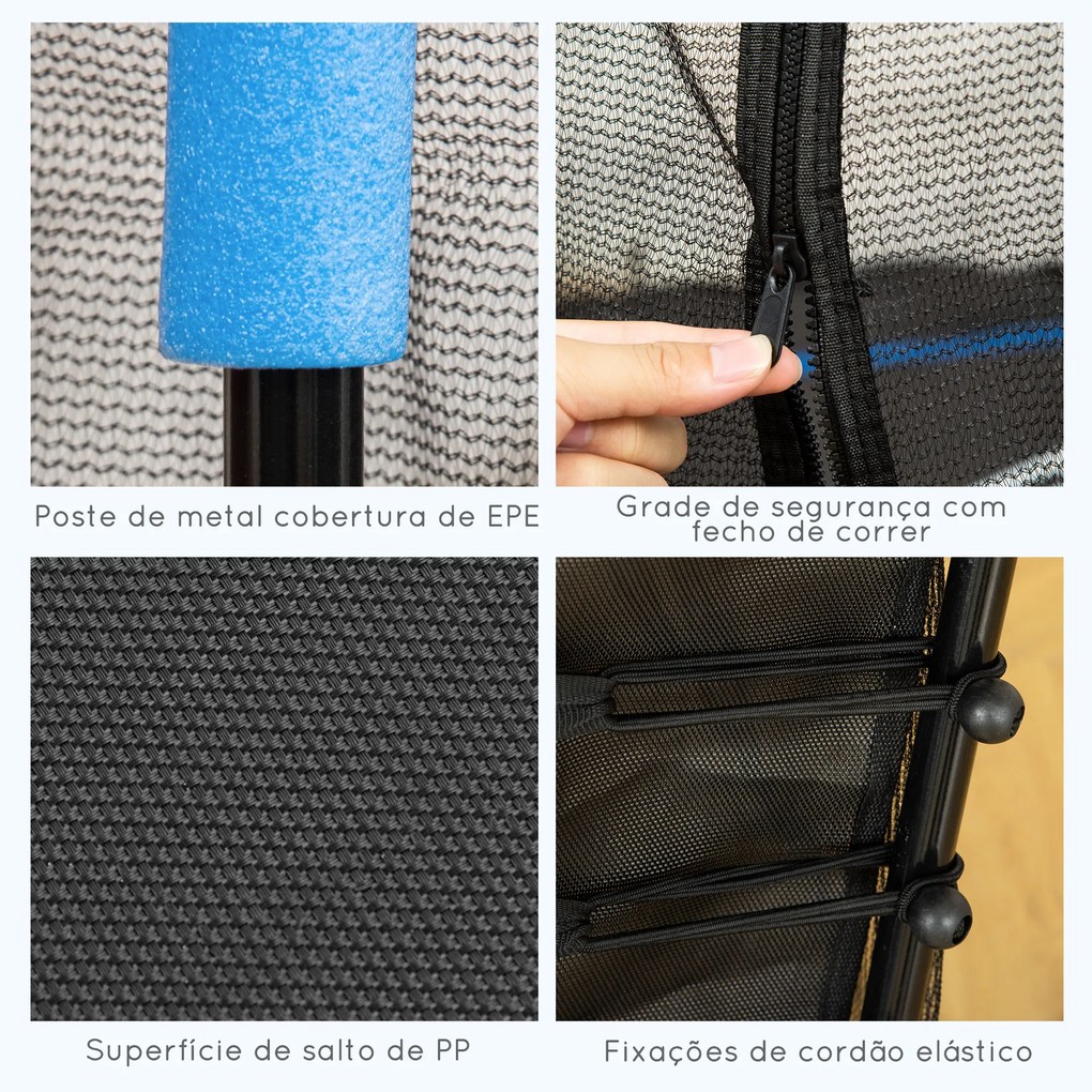 Trampolim para Crianças Cama Elástica Infantil com Rede de Segurança para Interiores e Exteriores Carga 50 kg Ø160x190 cm Azul