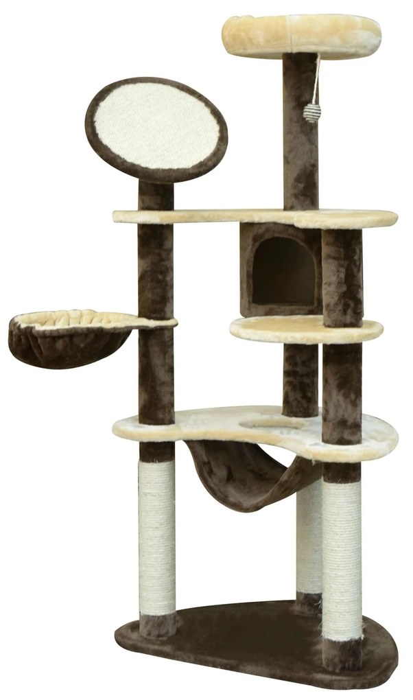 PawHut Árvore Arranhador para Gatos Grande Altura 153cm Torre de Escalada para Gatos com Caverna Redes Plataformas Postes Arranhadores de Sisal e Bola Suspensa Marrom e Bege