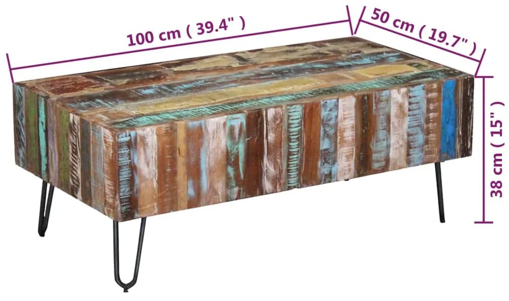 Mesa de centro 100x50x38 cm madeira reciclada maciça