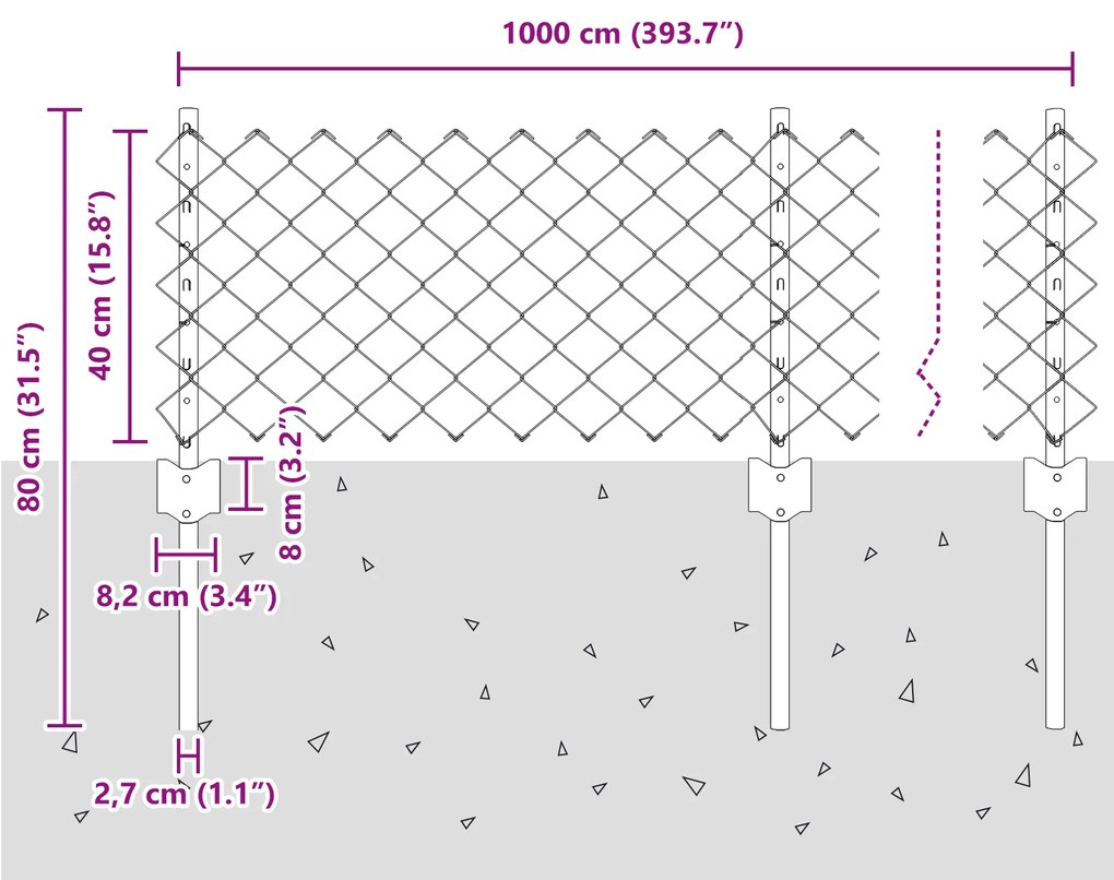 Cerca de Cadeia com 10 Postes U Prata 0.4x10 m Aço