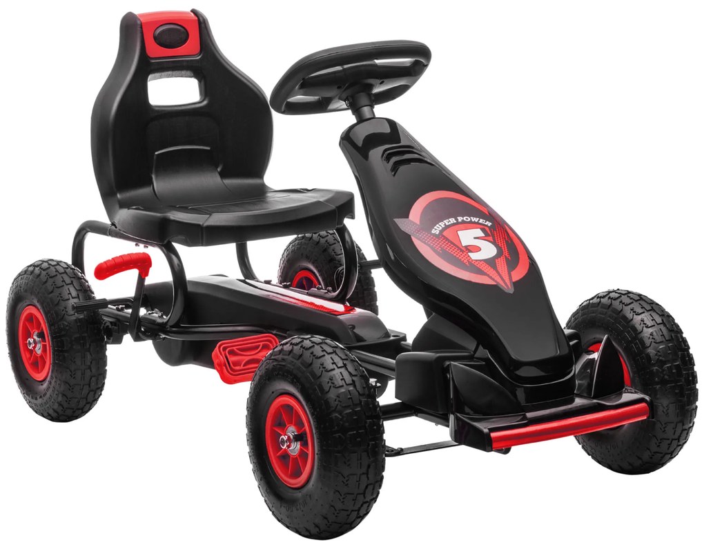 HOMCOM Kart a Pedais para Crianças 5-12 Anos Kart a Pedais Infantil com Assento Ajustável Pneus Insufláveis Amortecimento e Travão de Mão Carga Máx. 50kg 121x58x61cm Vermelho