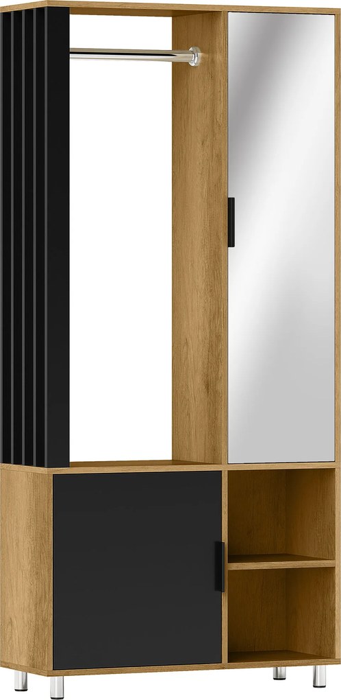 HOMCOM Guarda-roupa com espelho e barra, compartimentos de armazenamento, prateleiras abertas, madeira natural, preto | Aosom Portugal