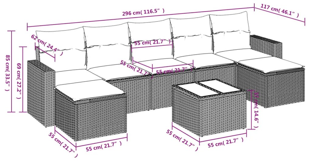 8 pcs conjunto sofás de jardim c/ almofadões vime PE castanho