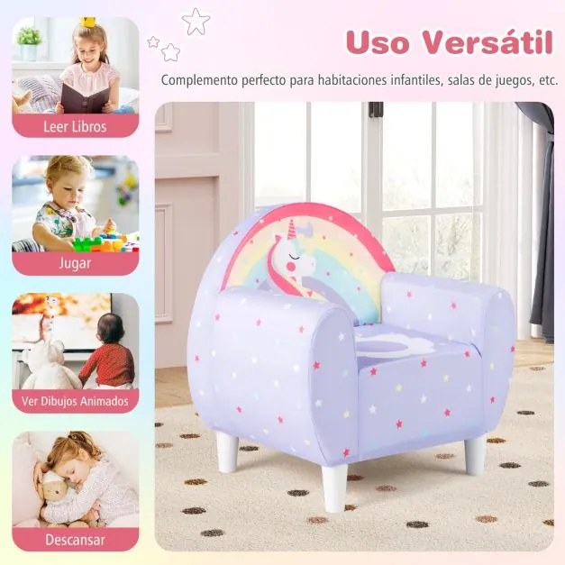 Sofá infantil 55 x 41 x 54 cm com tecido respirável e enchimento de espuma de alta densidade colorido desnho de unicórnio Púrpura
