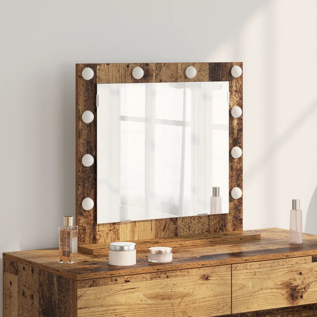 vidaXL Espelho de vaidade com luzes de LED Madeira Antiga 60x55x18 cm