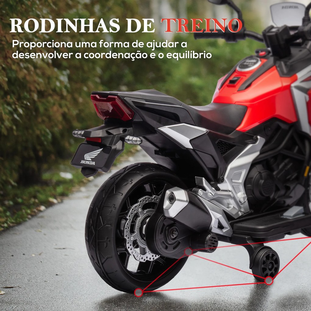 Moto Elétrica para Crianças de 3-6 Anos com Licença Honda com USB MP3 Luz LED e Velocidade 3 km/h Carga 30 kg Vermelho