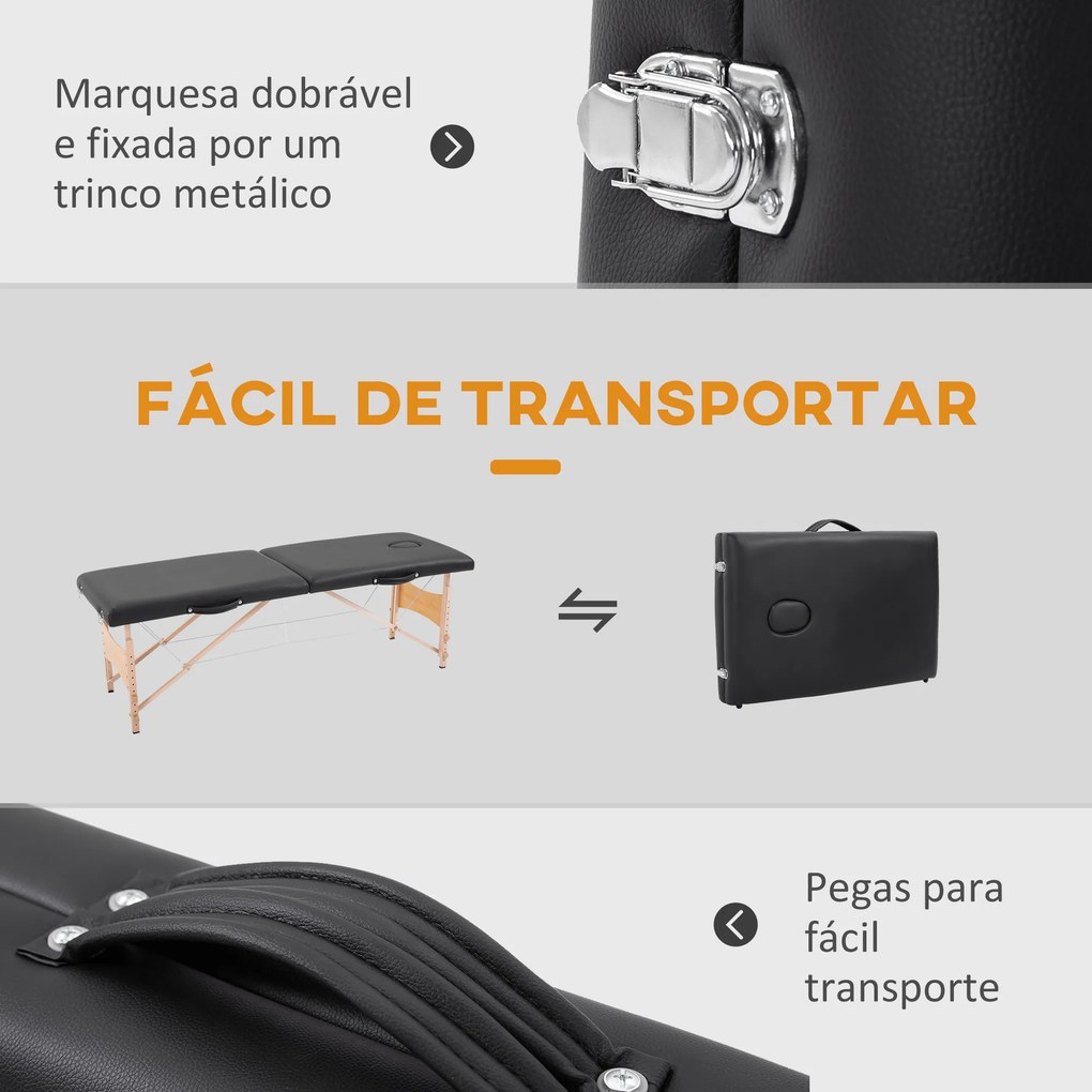 Marquesa de Massagem Dobrável Portátil com Apoio para a Cabeça Altura Ajustável e Bolsa de Transporte 186x60x58-81 cm Preto