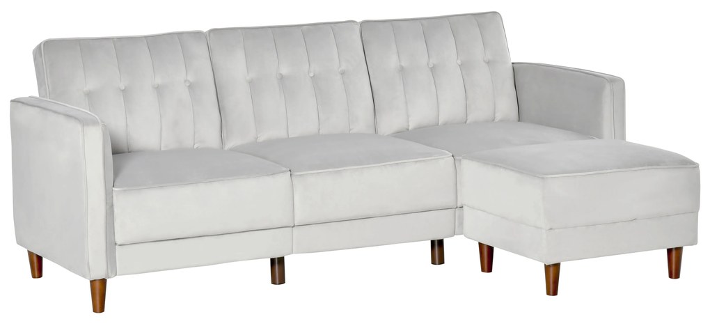 HOMCOM Sofá Cama com Chaise Longue de 3 Lugares Tato Aveludado com Encosto Ajustável e Apoio para os Pés Móvel 218x85x86cm Cinza Claro