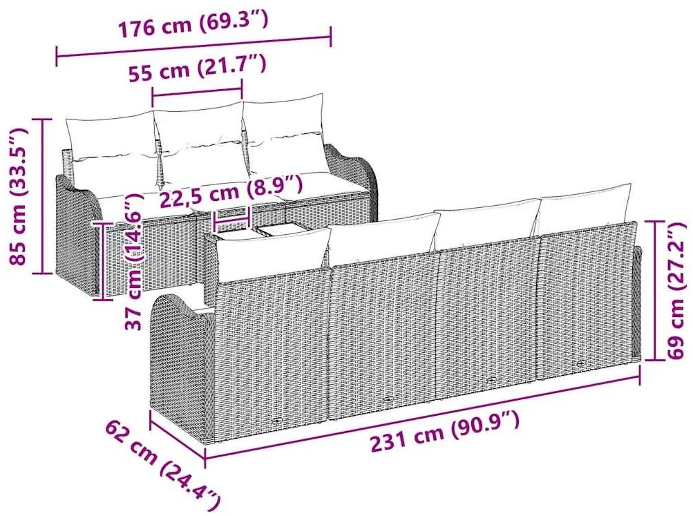 Conjunto de Sofá de Jardim de 8 Peças com Almofadas Marrons em Rattan