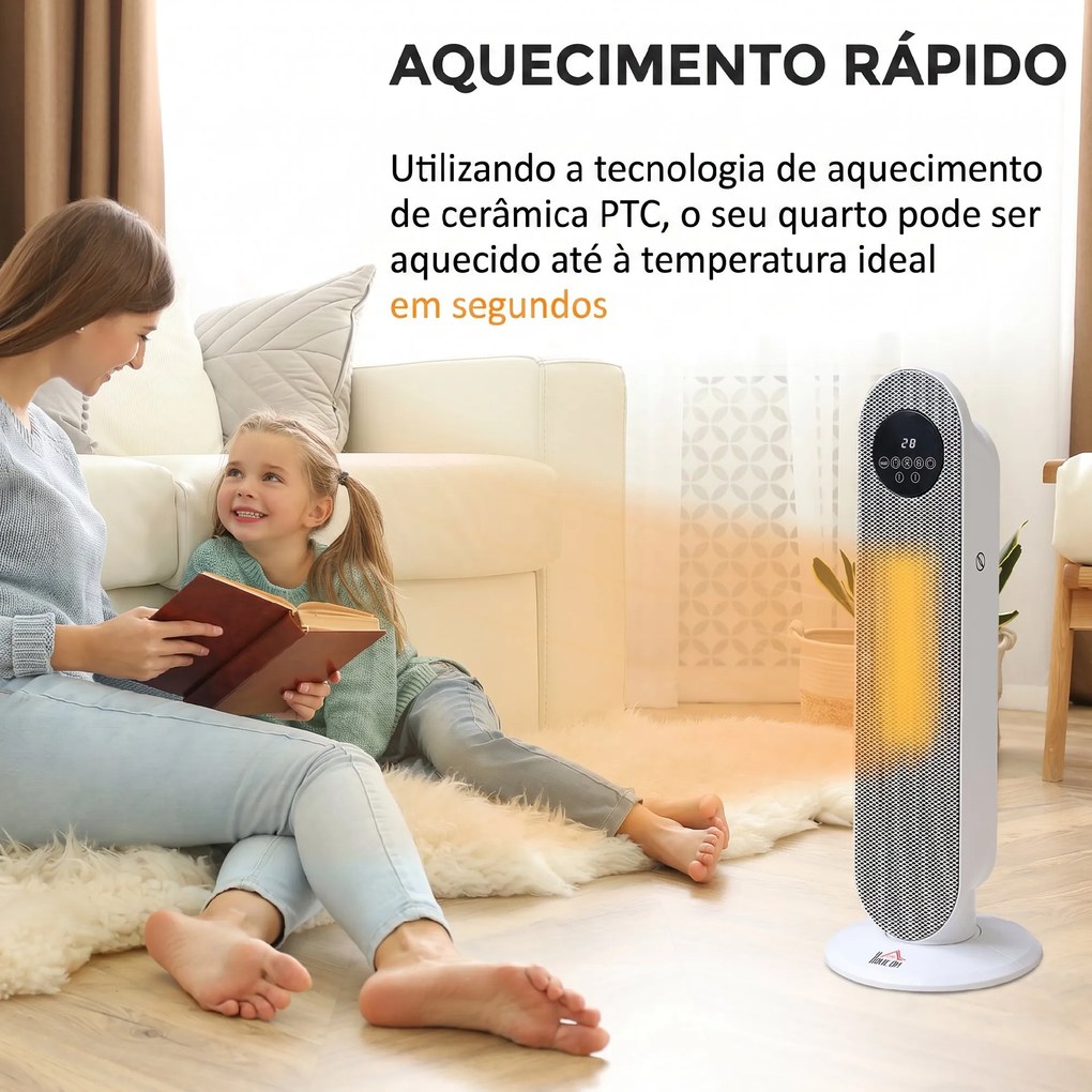 Aquecedor Elétrico Cerâmico PTC 1300/2000 W com Controlo Remoto, Oscilação 45°, Temporizador 12 h, Branco