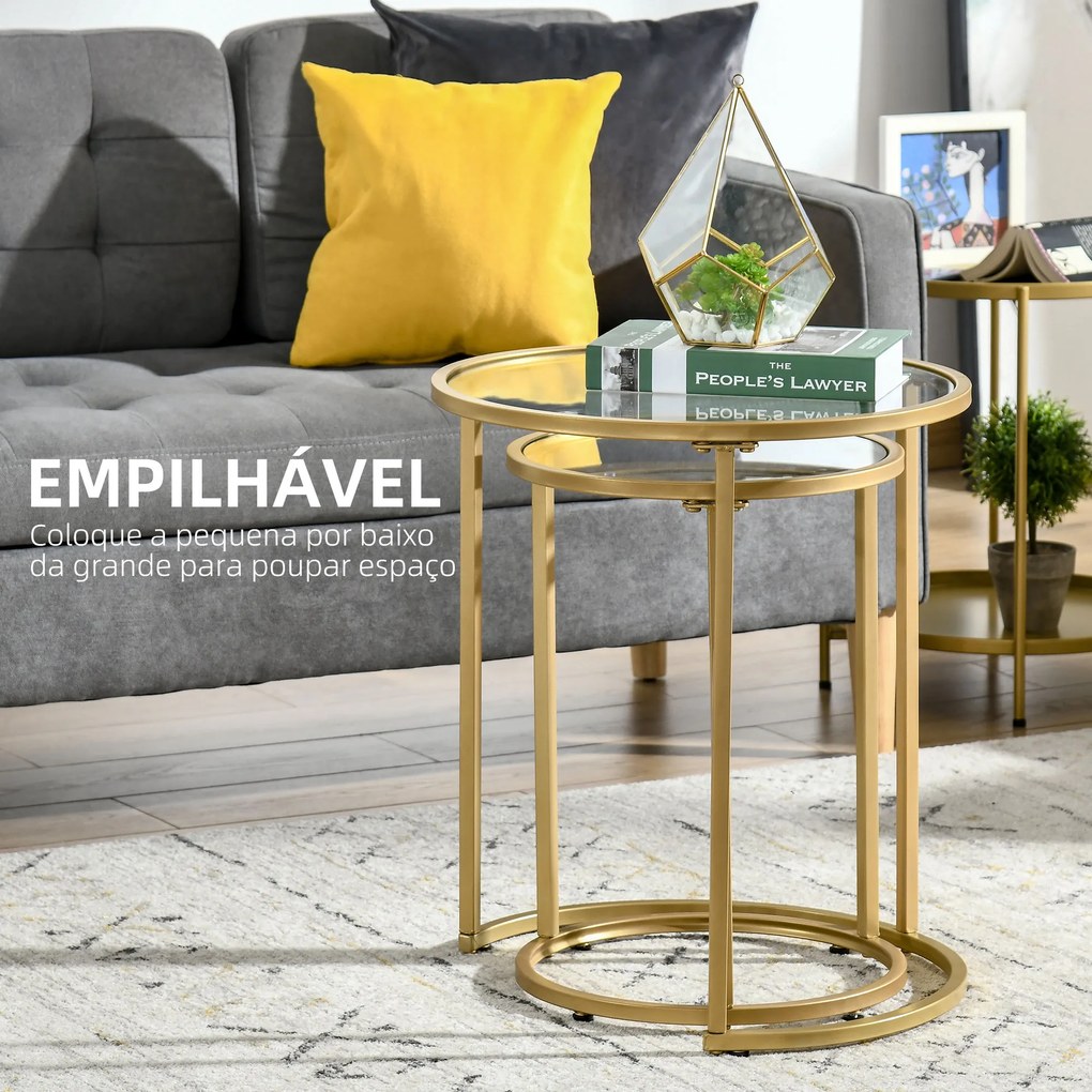 HOMCOM Conjunto de 2 Mesas Auxiliares Mesas Auxiliares com Estrutura de Metal e Bancada de Vidro para Sala de Estar Dormitório Ø50x58 cm e Ø37x51 cm Dourado
