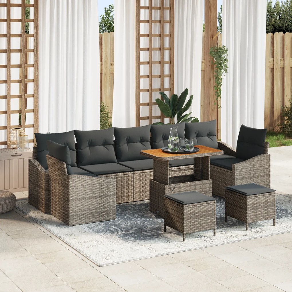 Conjunto de Sofá de Jardim vidaXL com Almofadas Cinzento Rattan Poliéster Acácia
