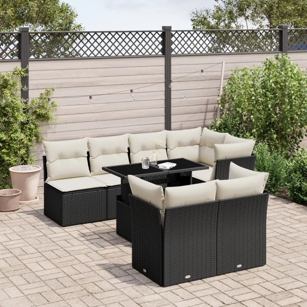 8 pcs conjunto sofás de jardim com almofadões vime PE preto