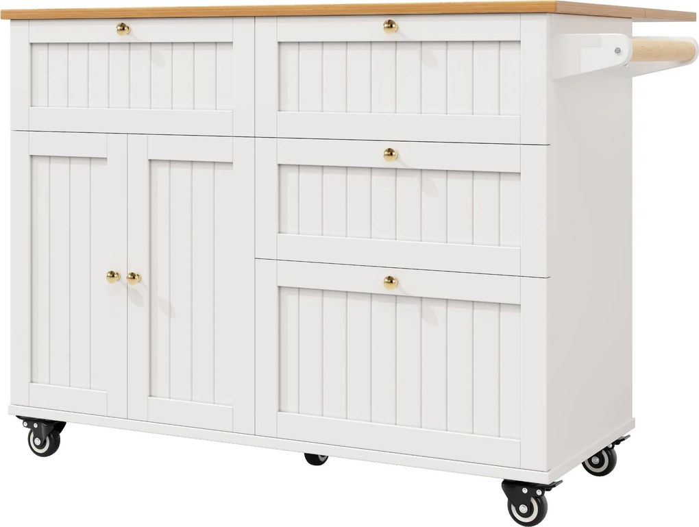 Ilha de cozinha com tampo rebatível, mesa de jantar multifuncional com espaço de arrumação, 133x37,3/70x88 cm, Branco