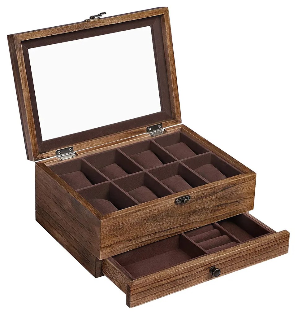 Caixa de relógio SONGMICS com 8 compartimentos, estojo de madeira de 2 níveis com tampa grande de vidro, almofadas para relógio, forro de veludo, caixa de joias, presente para entes queridos, nogueira rústica JOW008K01