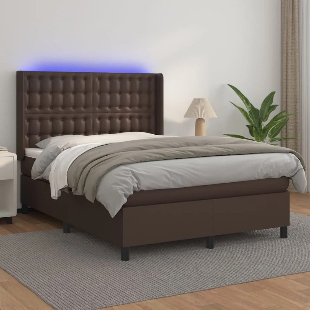 vidaXL Cama box spring c/ colchão/LED 140x200 cm couro artif. castanho