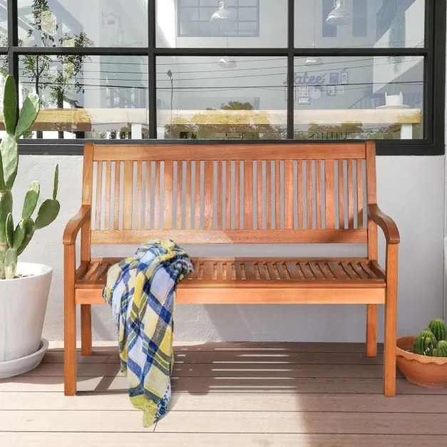 Banco jardim de madeira para 2 pessoas com encosto curvo e braços largos para Pátio Varanda Piscina 126 x 63 x 91 cm Castanho