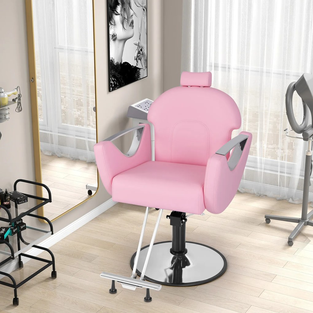 Cadeira de cabeleireiro ajustável em altura com apoio para a cabeça e bomba hidráulica, cadeira de salão giratória 360° em rosa