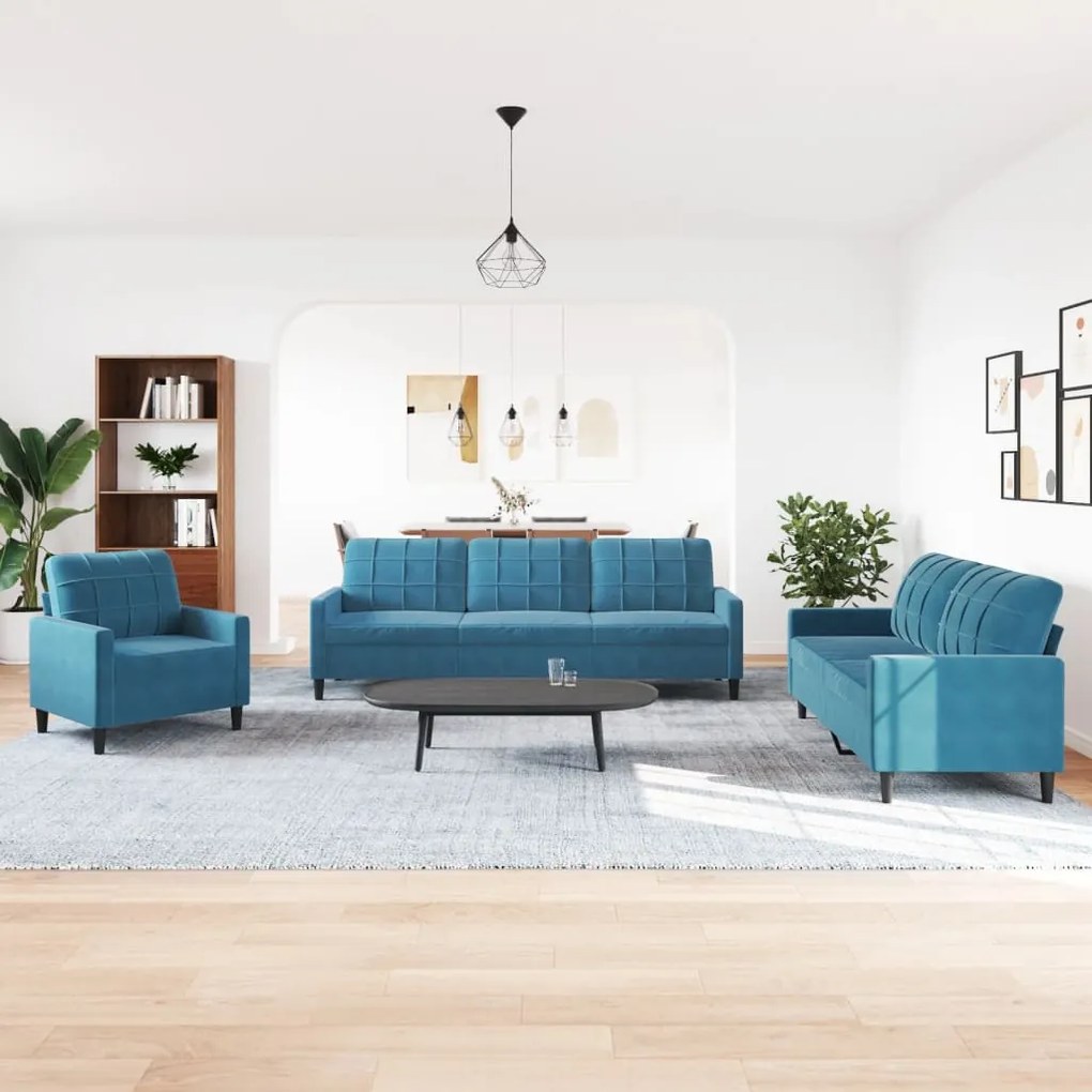 4 pcs conjunto de sofás com almofadões veludo azul