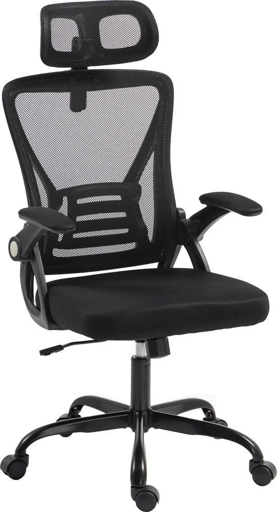 Cadeira de escritório ergonómica, braços rebatíveis, apoio para a cabeça, função de inclinação, altura ajustável, 59 x 62 x 125 cm, preta