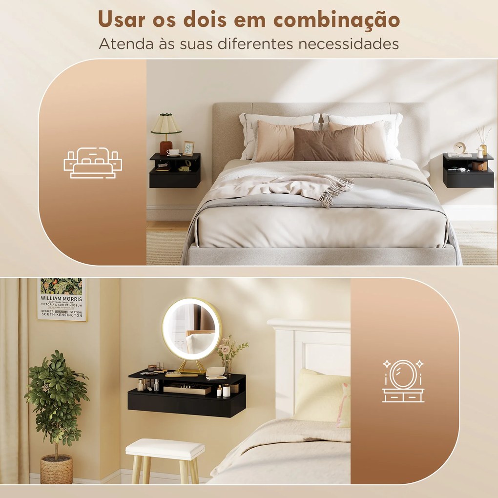 Conjunto de 2 Mesas de Cabeceira Suspensas com Gaveta Montadas na Parede 35x32x22,5 cm Preto