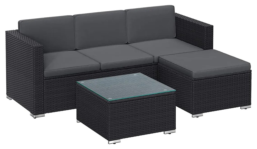 Conjunto de móveis de jardim com almofadas e mesa de vidro preto-cinzento