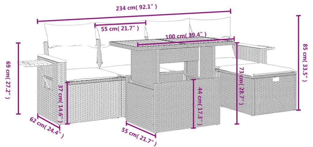 6 pcs conjunto sofás de jardim com almofadões vime cinzento