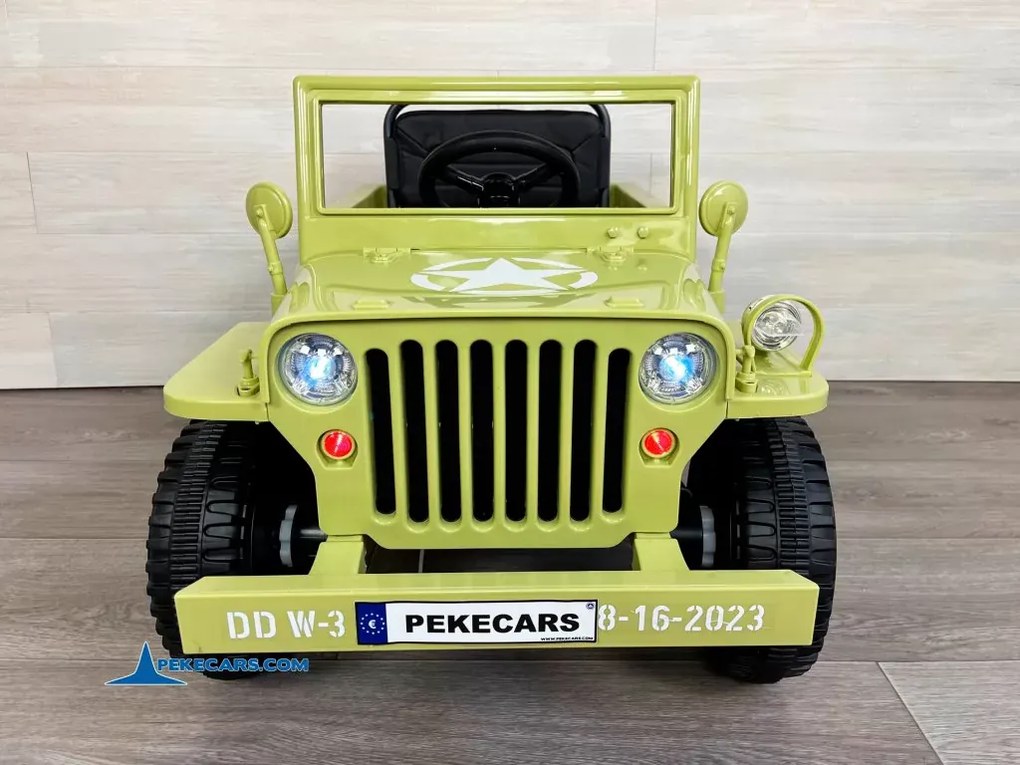 Jipe Willys 12V 1 Lugar 4x4 elétrico para crianças Todo terreno, rodas de borracha, assento Couro sintético cáqui militar