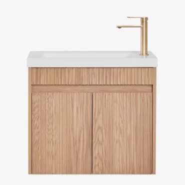 Conjunto De Móvel De Casa De Banho Suspenso Em Madeira Com Lavatório Integrado Narek Castanho Fresno & Sem Espelho & Dourado - Sklum