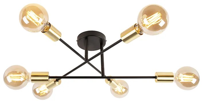 LED Candeeiro de teto inteligente preto com dourado 6 luzes incl. Wifi G95 - Sydney Industrial