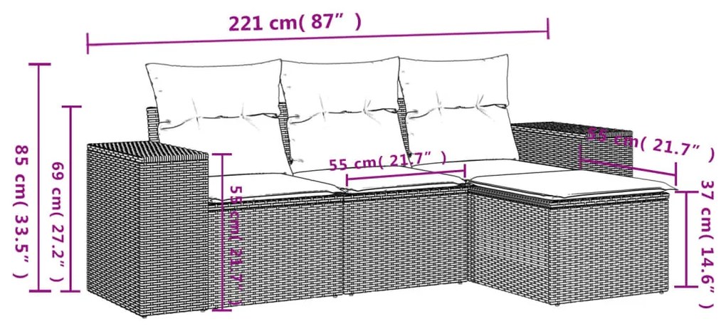 4 pcs conjunto sofás de jardim c/ almofadões vime PE cinzento